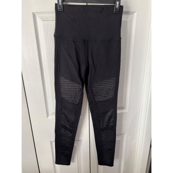Alo Yoga Black High-Waisted Moto Leggings With Ribbed Detail For Women - Picture 1 of 10